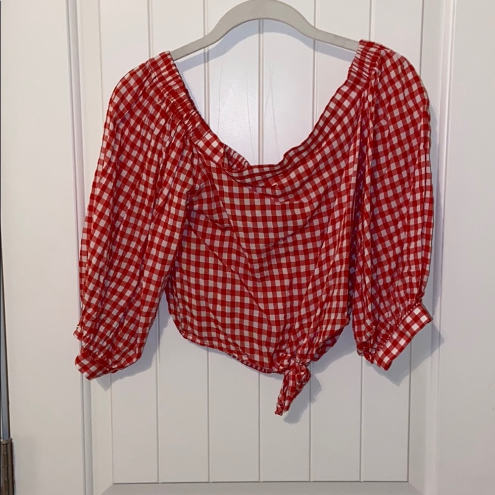 Checked, off the shoulder, crop top